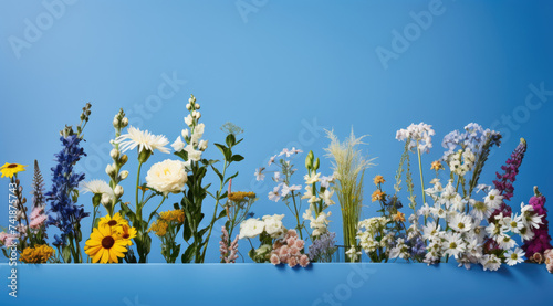 Flowers plant on blue background, top view, place for text.