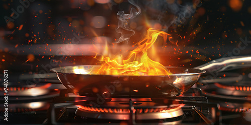 metal shiny frying pan on a gas stove. cooking over a fire, creating a flame