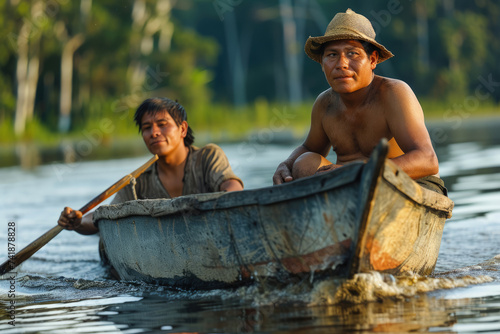 dos indígenas navegando en una pequeña barca de madera en la selva del amazonas