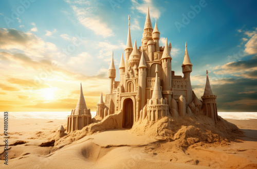 Built House sand castle with towers on the south shore of the sandy beach blue sea