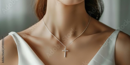 model woman wearing necklace with cross shaped pendant, closeup
