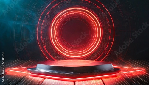 a circular platform podium with red neon light on dark background created with technology