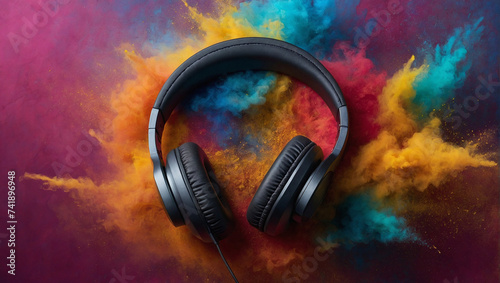 Headset headphones on colorful pastel splash background. Minimal abstract party, fun and love for music concept. Lifestyle and design idea. Copy space.