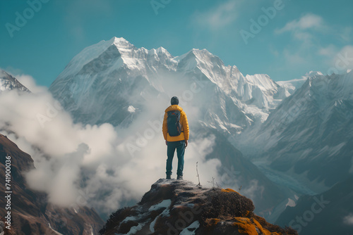 Lone man standing in the mountains. climber, climbing. Tourism or travel ad. Everest, snow peak. Backpack