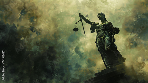 Statue of justice shrouded in mystic smoke, symbolizing legal mystery and the search for truth, suitable for law firm branding and educational content