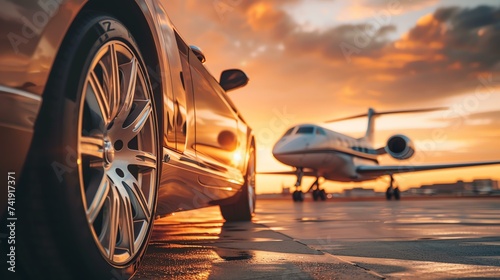 Immerse yourself in the lap of luxury as a sleek, black car takes center stage in front of a majestic private jet, exuding sophistication and exclusivity on a sunlit tarmac.