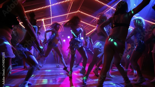 High-energy dance scene in a neon-lit club, capturing the lively motion and expressions of ecstatic dancers frozen in time. The vibrant lights add a dynamic and exhilarating atmosphere to th