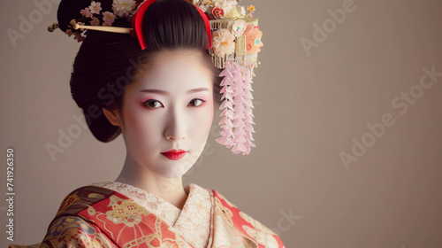 A stunning traditional geisha in her early 30s, exuding elegance and charm. Adorned in a breathtaking kimono adorned with mesmerizing intricate designs, she captivates with her timeless grac