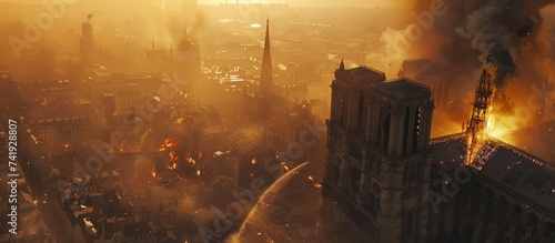 Burning Notre Dame in city with smoke