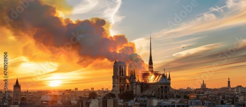 Burning Notre Dame in city with smoke