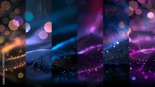 A mesmerizing collection of bokeh and glitter effects in black, a deep blue abstract wave, a stunning purple gradient with polygonal shapes, and a dreamy blurred background of a lit street.