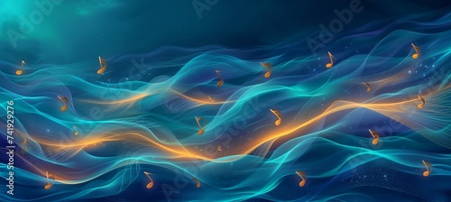 Vibrant abstract background with musical notes creating a melodic banner for music related designs.