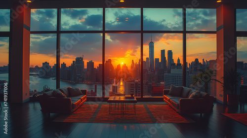 Modern apartment with view of New York cityscape at sunset. AI