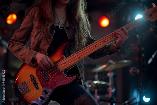 Jazz Guitarist or Bassist, woman with energy and rhythm on a stage for rock shows and musical improvisation
