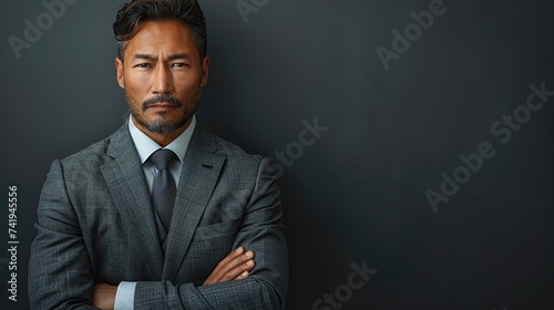 Mature businessman in a gray suit looking serious and confident.