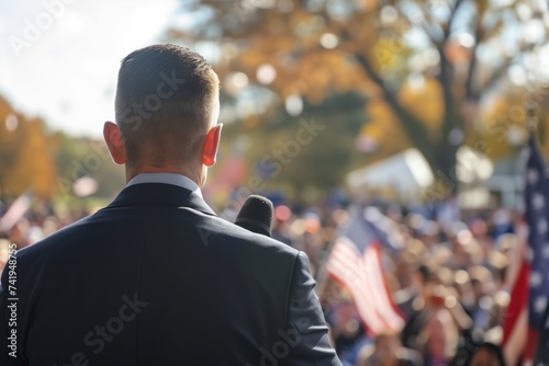 Male politician giving a speech to his followers during an outdoors political rally 