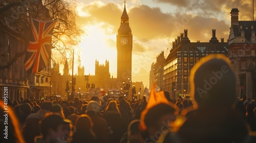 Sunset over london, silhouettes of people walking, iconic big ben in the background. city life captured in golden light. urban photography style. AI
