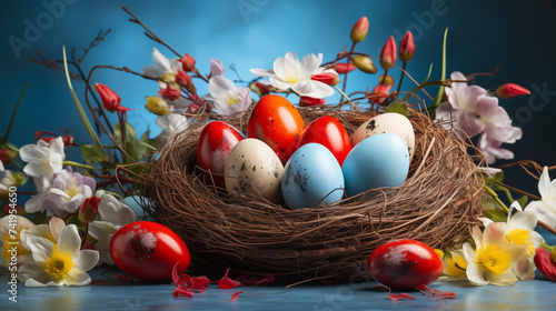 A photo od Easter eggs are in a wicker basket surrounded with flowers. 