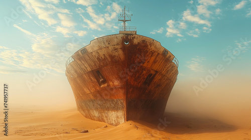 Barco oxidado abandonado en un desierto arenoso bajo un cielo nublado