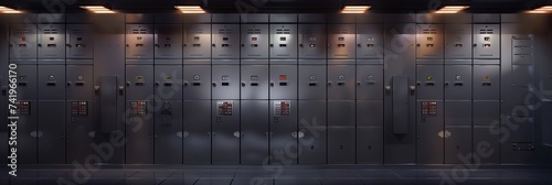 Bank safe boxes wall in the vault. Individual deposit lockers in a strongroom or underground secured storage 3d realistic vector illustration. Valuable possessions, secure banking service concept