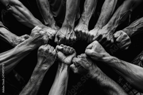 Concept of unity and strength illustrated by fists put together. Black and white image