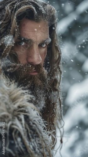 A man with long hair and a beard in the snow
