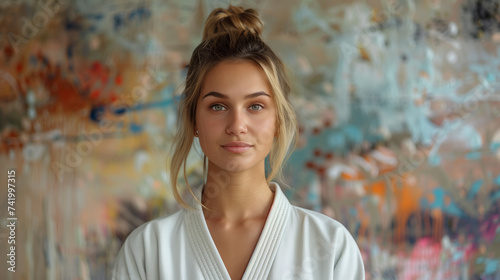 One woman female bjj brazilian jiu jitsu athlete in kimono gi portrait