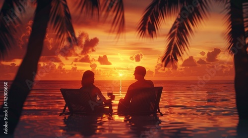 Back view of a romantic couple enjoying beautiful sunset at tropical vacation
