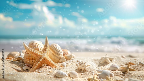 Summer accessories placed on a sandy beach with a blurred sea in the background, conveying the concept of summer exotic relaxation. Ample copyspace is available for text