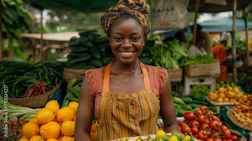 Female Farmer on a Sunny Summer Day. Successful Street Vendor Managing a Farm Stall at an Outdoors Eco Market, a black woman selling vegetables on the market with biological organic products