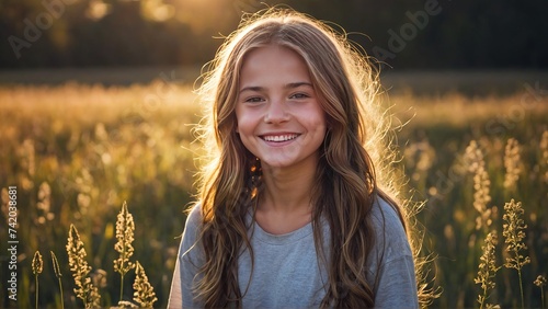 A cute girl smiling, teen smiling happy on a meadow on sunshine