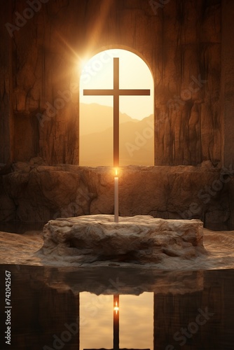 beautiful altar of a chapel with the cross illuminated by sunlight