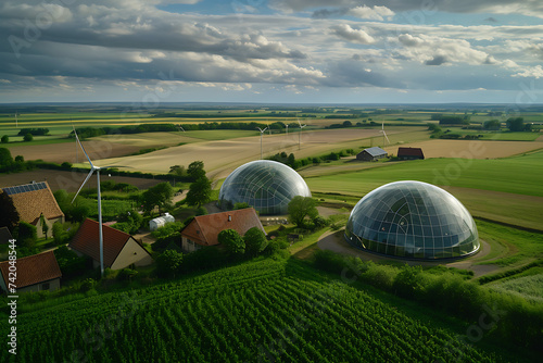 Aerial photograph of a wind farm in the countryside, with glass dome eco houses 