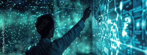 businessman touching a digital screen with digital icons, in the style of dark teal and light indigo, intertwined networks