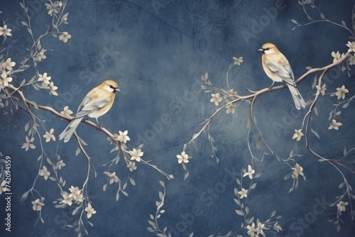 Vintage photo wallpaper with branches and birds on Indigo background