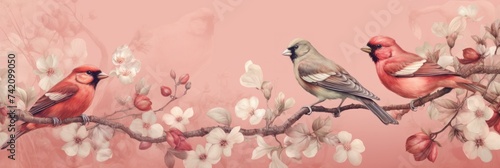 Vintage photo wallpaper with branches and birds on Rose background