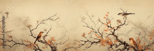 Vintage photo wallpaper with branches and birds on Tan background
