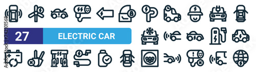 set of 27 outline web electric car icons such as hatchback car, wind power, sport car, hatchback sport keyless, port, world vector thin line icons for web design, mobile app.