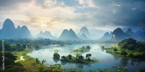 lake in the mountains, Chinese and japanese oriental painting with blue texture blue wavy 3d render raster illustration, The natural landscape of the mountains and water in guilin china, Generative AI