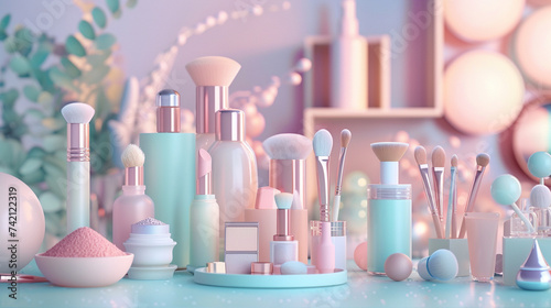 An elaborate cosmetics setup featuring a variety of powders and brushes, crafted with exquisite attention to detail in a 3D animated style This should serve as a unique, immersive backdrop