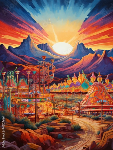 Vibrant Carnival in Desert: Sandy Fairgrounds Midways Art