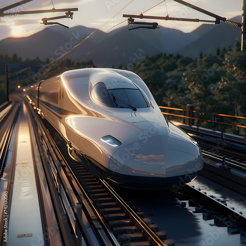 Develop a truetolife rendering of a highspeed bullet train captured from an engineering marvel pers Generative AI