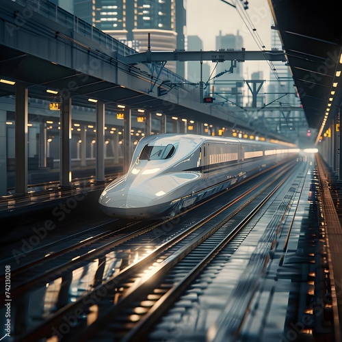 Develop a truetolife rendering of a highspeed bullet train captured from an engineering marvel pers Generative AI
