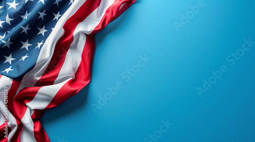 American flag on blue background with space for writing. A background for Memorial Day of United States