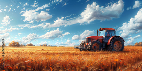 A farmers day on a realistic farm ground level view of serene harvesting tractor moving through golden fields capturing the beauty of rural work