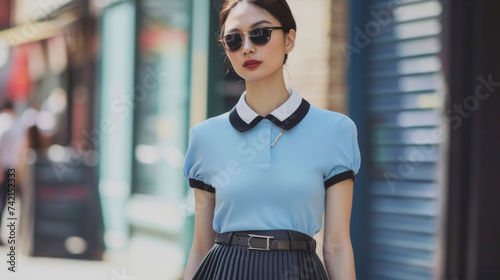 A collared polo shirt tucked into a pleated midi skirt creating a sophisticated preppy look.