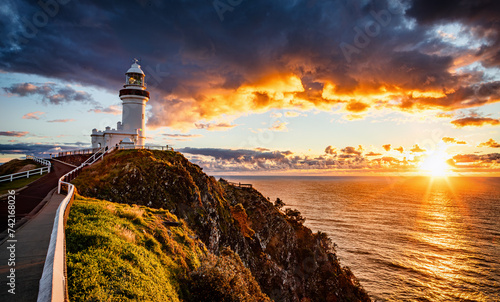 The view of the Cape Byron Lighthouse in the sunrise in autumn time in Byron Bay