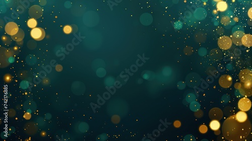 Abstract background featuring dark green and gold particles with golden light shining bokeh on a dark emerald backdrop. Incorporating a gold foil texture