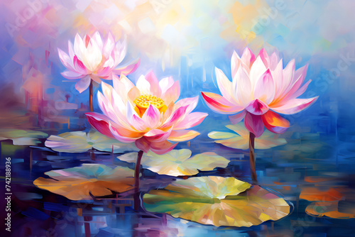 Beautiful mysterious fantastic lotus flower. Oil painting in impressionism style.