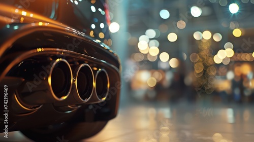 A close-up shot captures the stainless steel exhaust tip muffler pipe of a sports car, with a blurred car showroom in the background, creating a bokeh effect. 